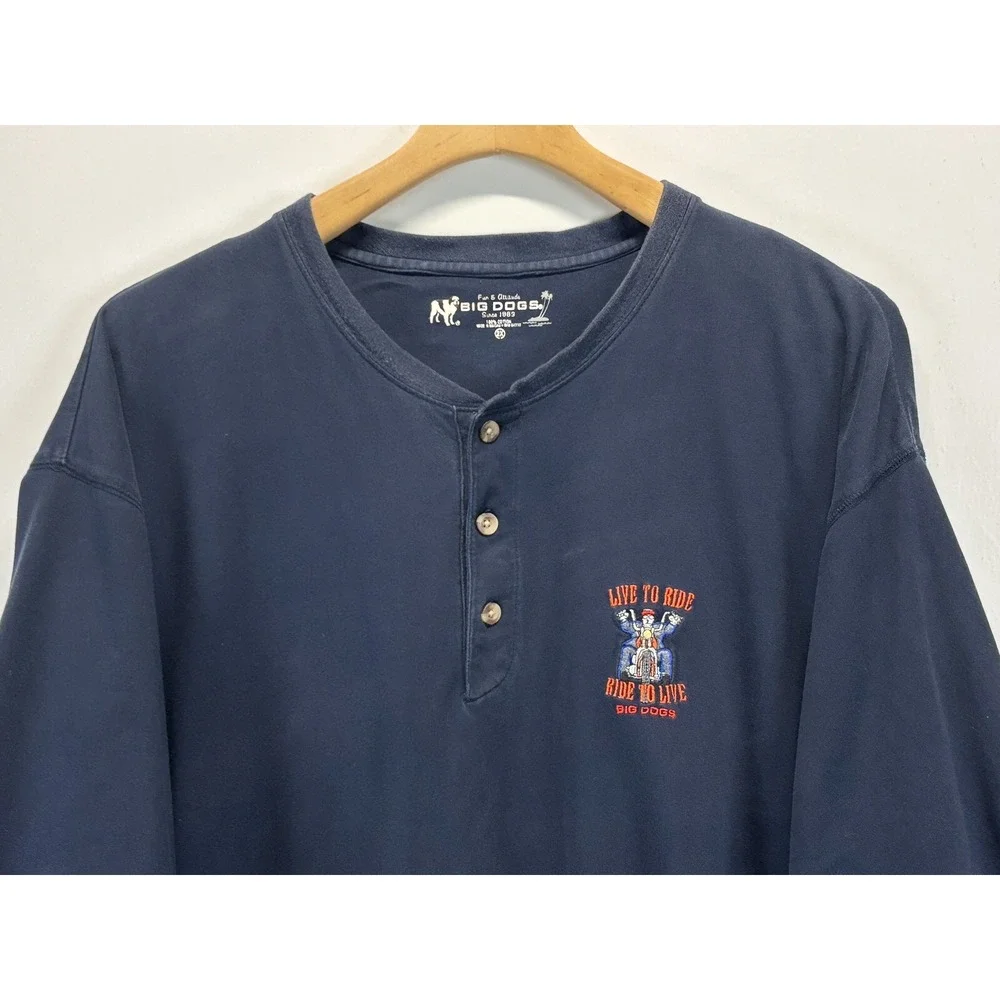Vtg Big Dogs Henley Shirt Sz 2XL Navy Live To Ride Motorcycle Men's Short Sleeve